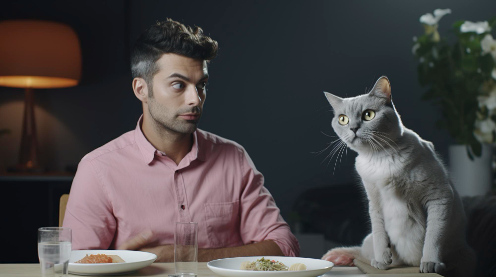 Boy sitting with his cat on a table.