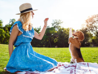 A blond girl playing with a dog in the park