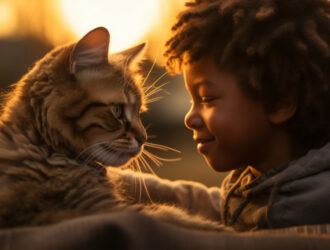 Adorable portrait featuring a cat and child bonding, showcasing affection and innocence in a heartwarming moment. Train Your Pet