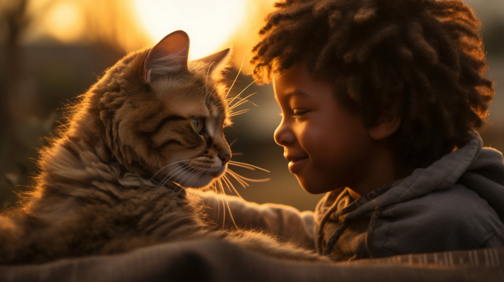 Adorable portrait featuring a cat and child bonding, showcasing affection and innocence in a heartwarming moment. Train Your Pet