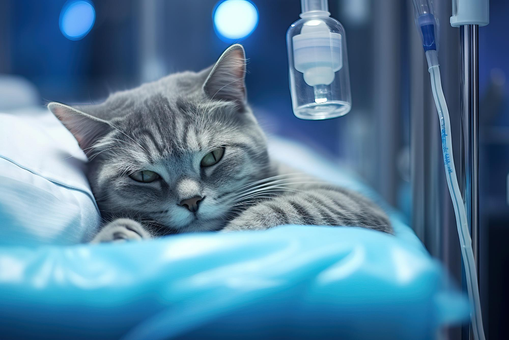 A cat receives intravenous treatment at a veterinary clinic, receiving care and attention to support its health and recovery.