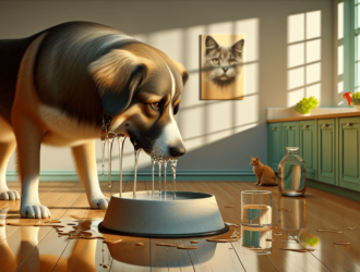 Dog drinking excessively from his bowl at home, potential causes and solutions for pet owners concerned about hydration.