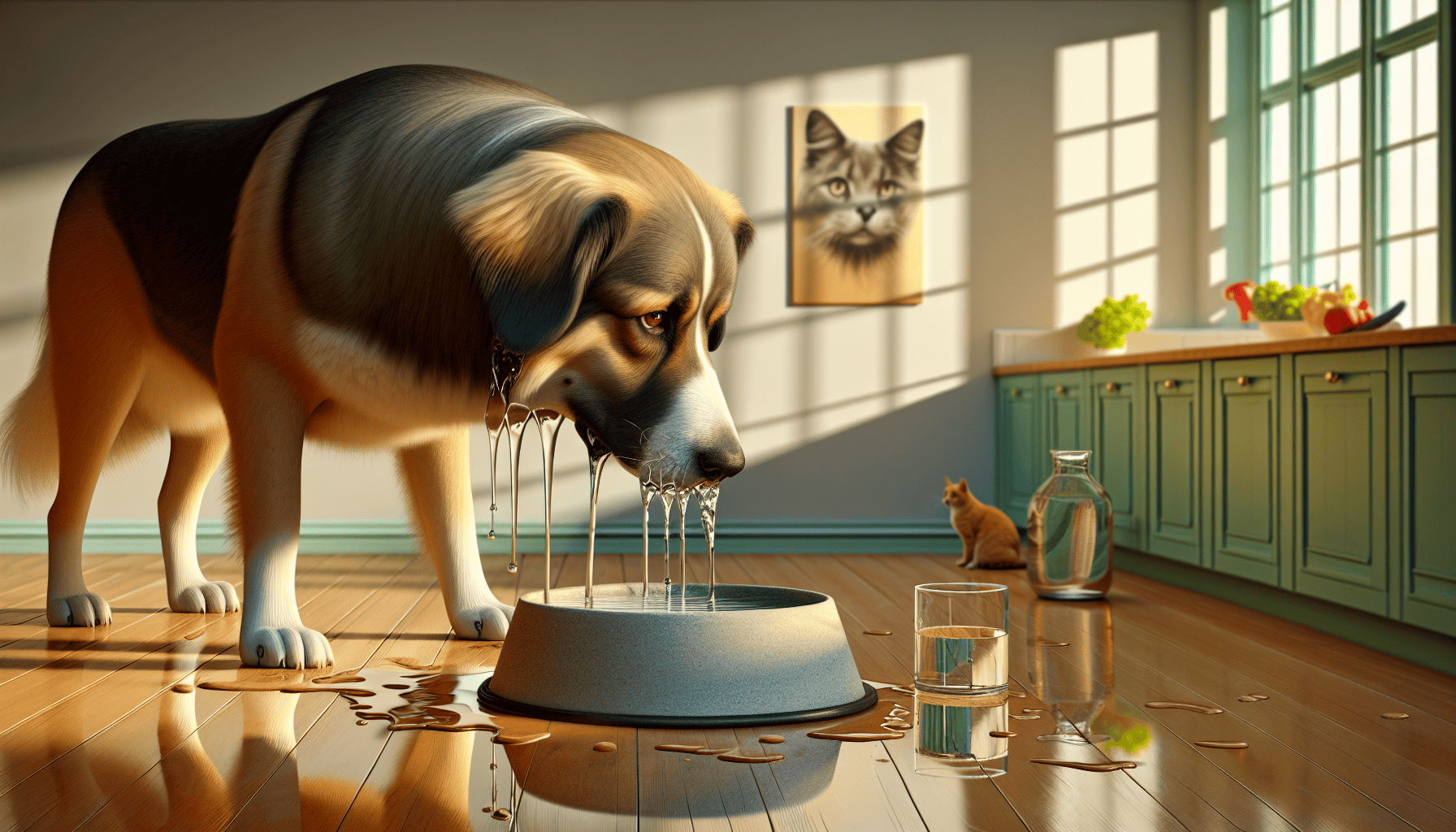 Dog drinking excessively from his bowl at home, potential causes and solutions for pet owners concerned about hydration.