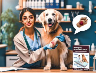 A dog with Hyperkeratosis sits on a vet's table, as the veterinarian examines its paw pads. Treatment options discussed.