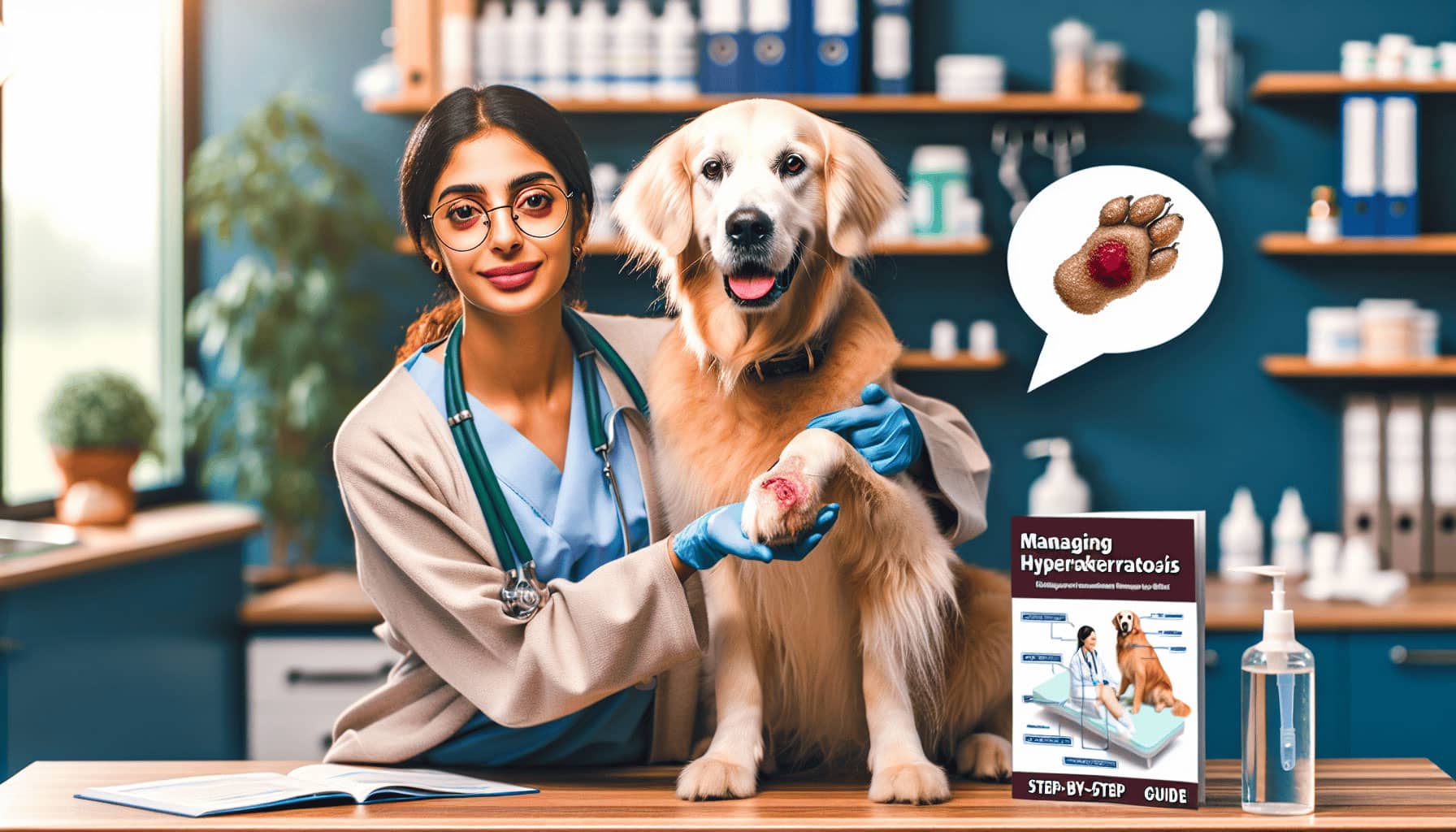 A dog with Hyperkeratosis sits on a vet's table, as the veterinarian examines its paw pads. Treatment options discussed.