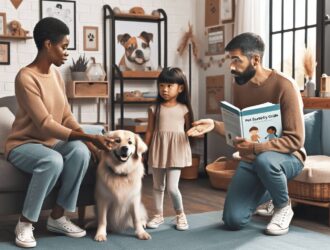 A man reads a book to a woman, explaining pet safety tips.