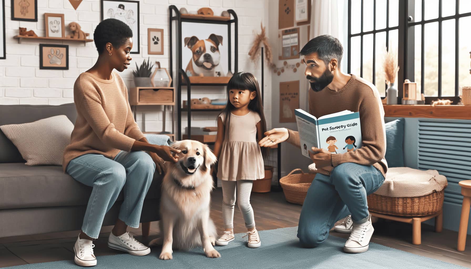 A man reads a book to a woman, explaining pet safety tips.