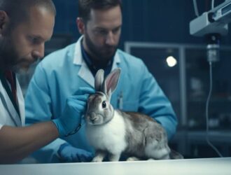 A rabbit undergoes a check-up at a veterinary clinic with two doctors, one senior and one junior, providing care and expertise. Language of Rabbit Pain