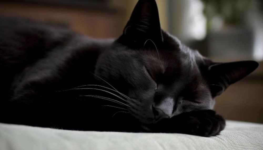 A black cat peacefully sleeps, its fur gleaming in the light, embodying tranquility and contentment.