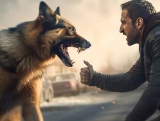 A German Shepherd barks aggressively at a boy wearing a jacket, displaying territorial behavior and warning signs of potential danger. The Unfriendly Dog