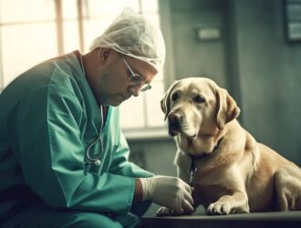 Veterinarian in gown examining a dog on examination table