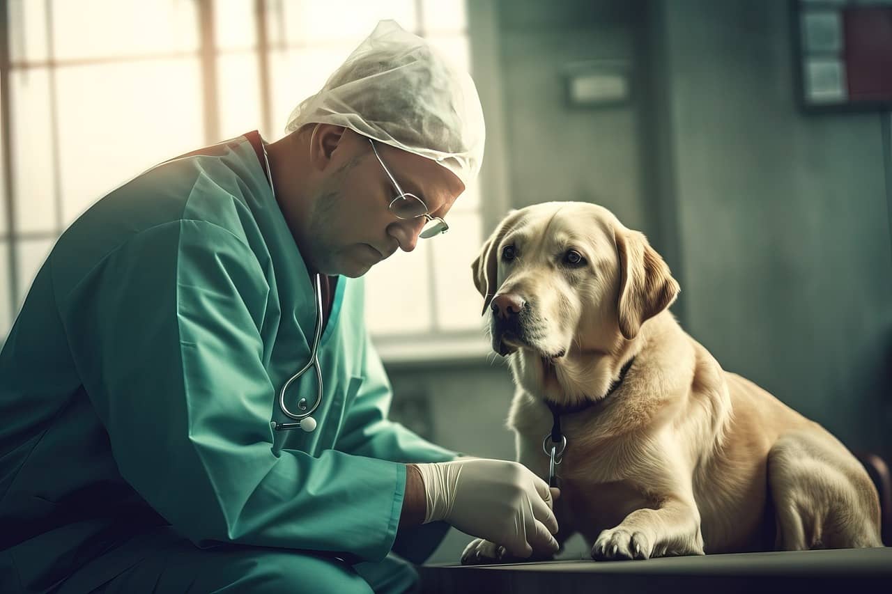 Veterinarian in gown examining a dog on examination table