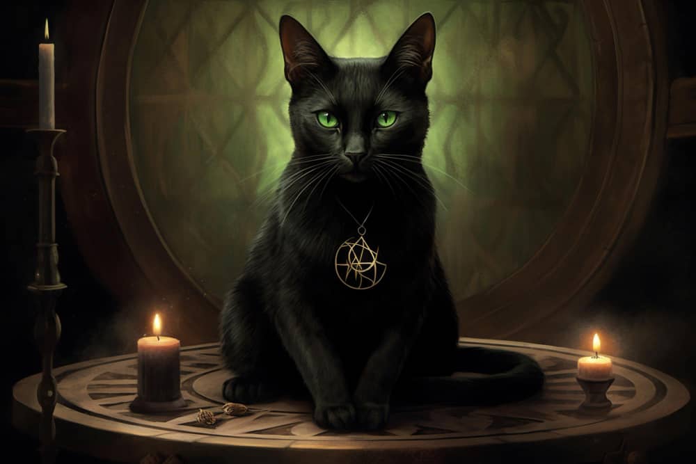 A sleek black cat sits majestically, its eyes gleaming with a hint of mystery, exuding elegance and grace. Spiritual Chest Sleeping