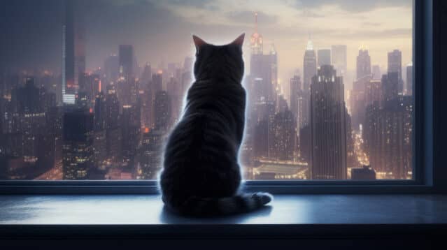 A black cat sits at a window, gazing outward with curiosity, its silhouette framed against the light.