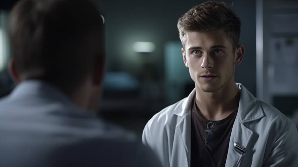 Two veterinarians stand facing each other, engaged in professional discussion, sharing expertise and insights in their field.